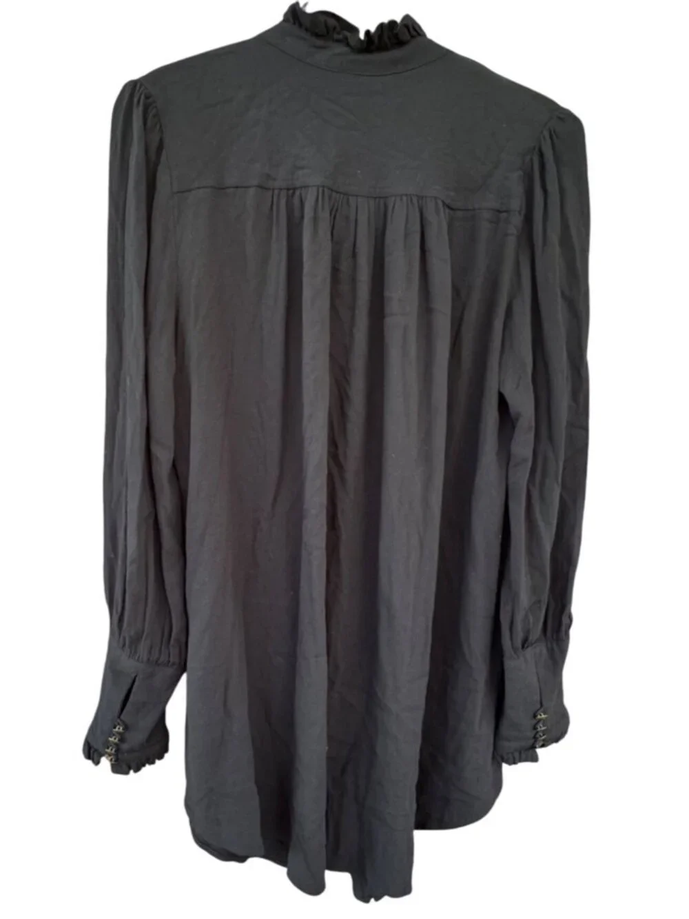Free People Womens Medium Black Long Sleeve Button Up Ruffle Tunic Blouse Top